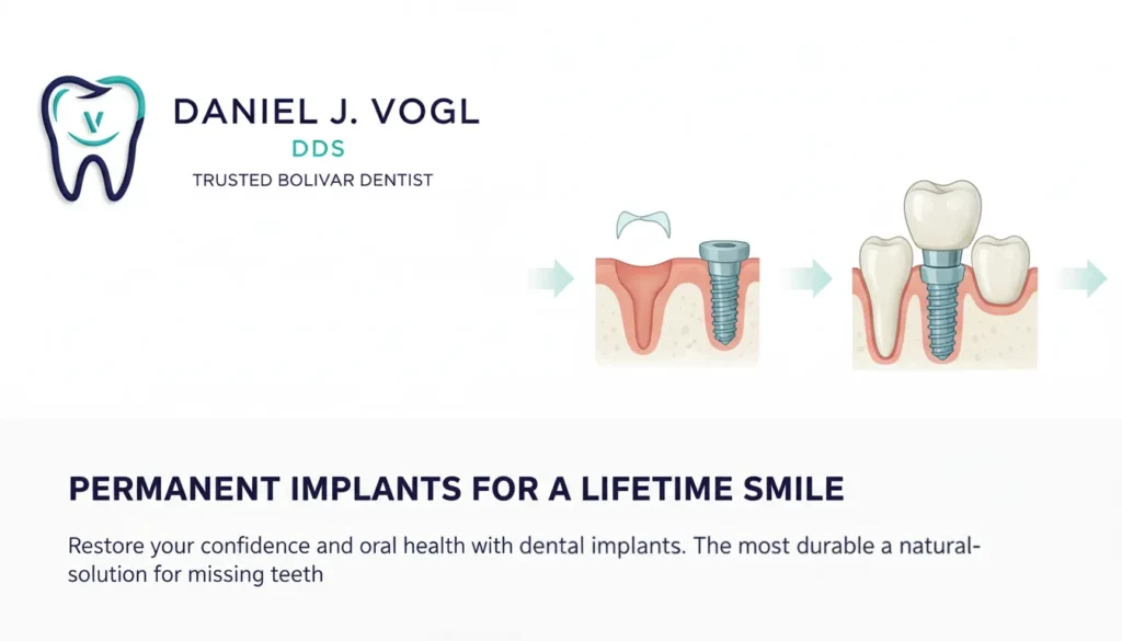 infographic of a side section of the mouth showing how a dental implant is put into place like a bolt being driven into a secure carriage.